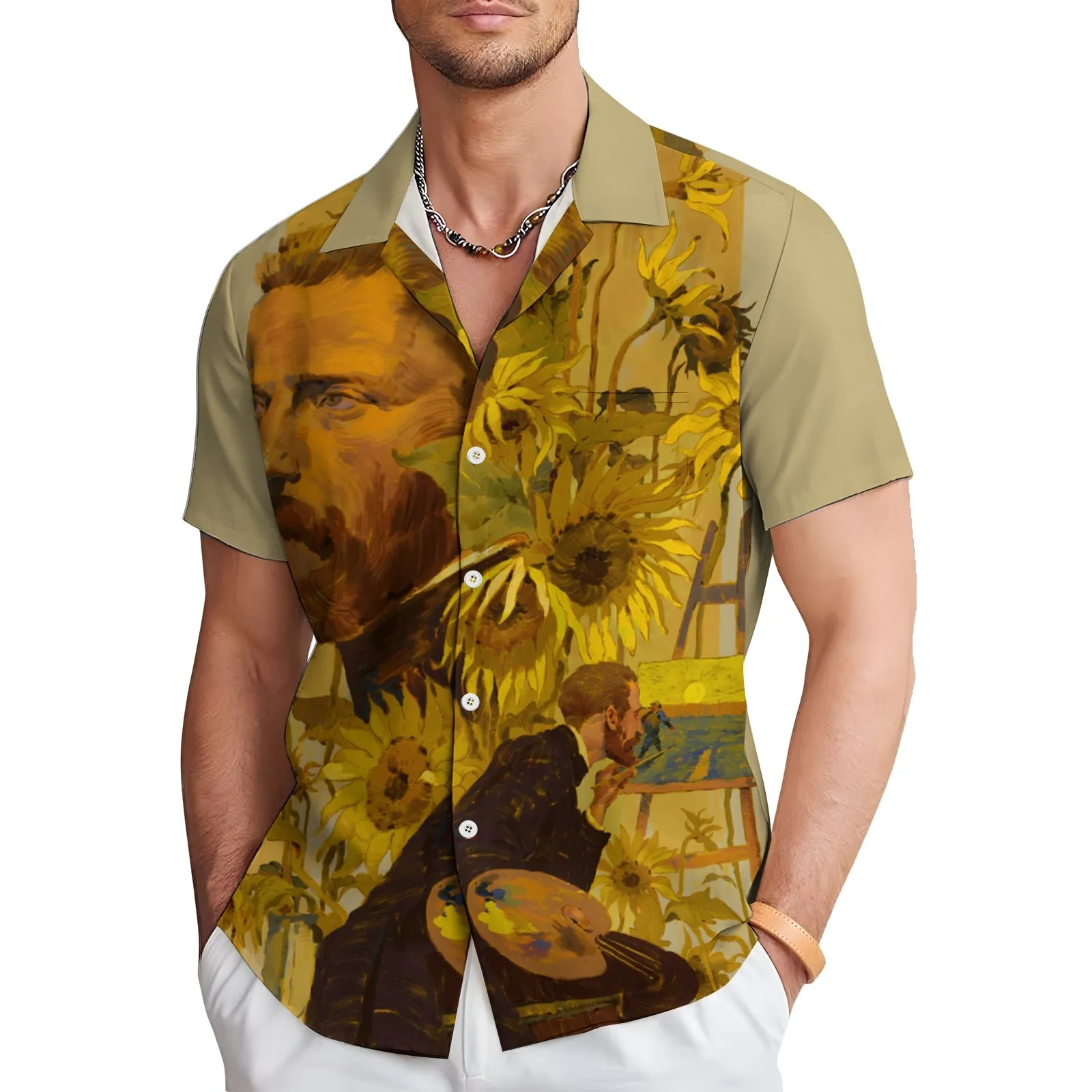 Artist Sunflower Print Casual Short Sleeve Shirt 2404000374