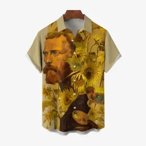 Artist Sunflower Print Casual Short Sleeve Shirt 2404000374