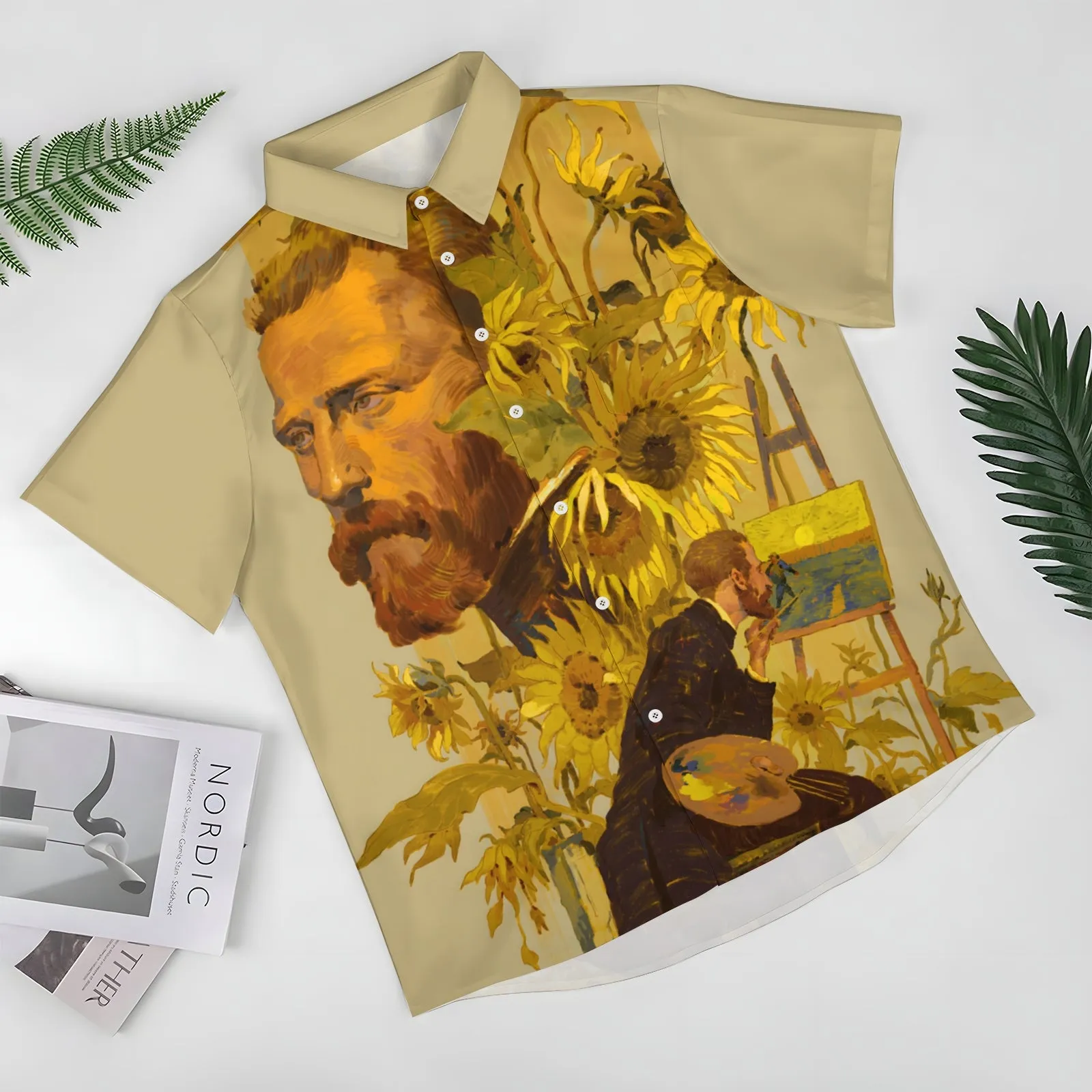 Artist Sunflower Print Casual Short Sleeve Shirt 2404000374
