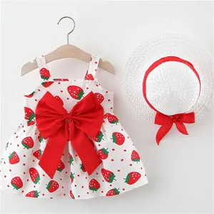 Babies Casual Dress Strawberry Print Chest Bow with hat
