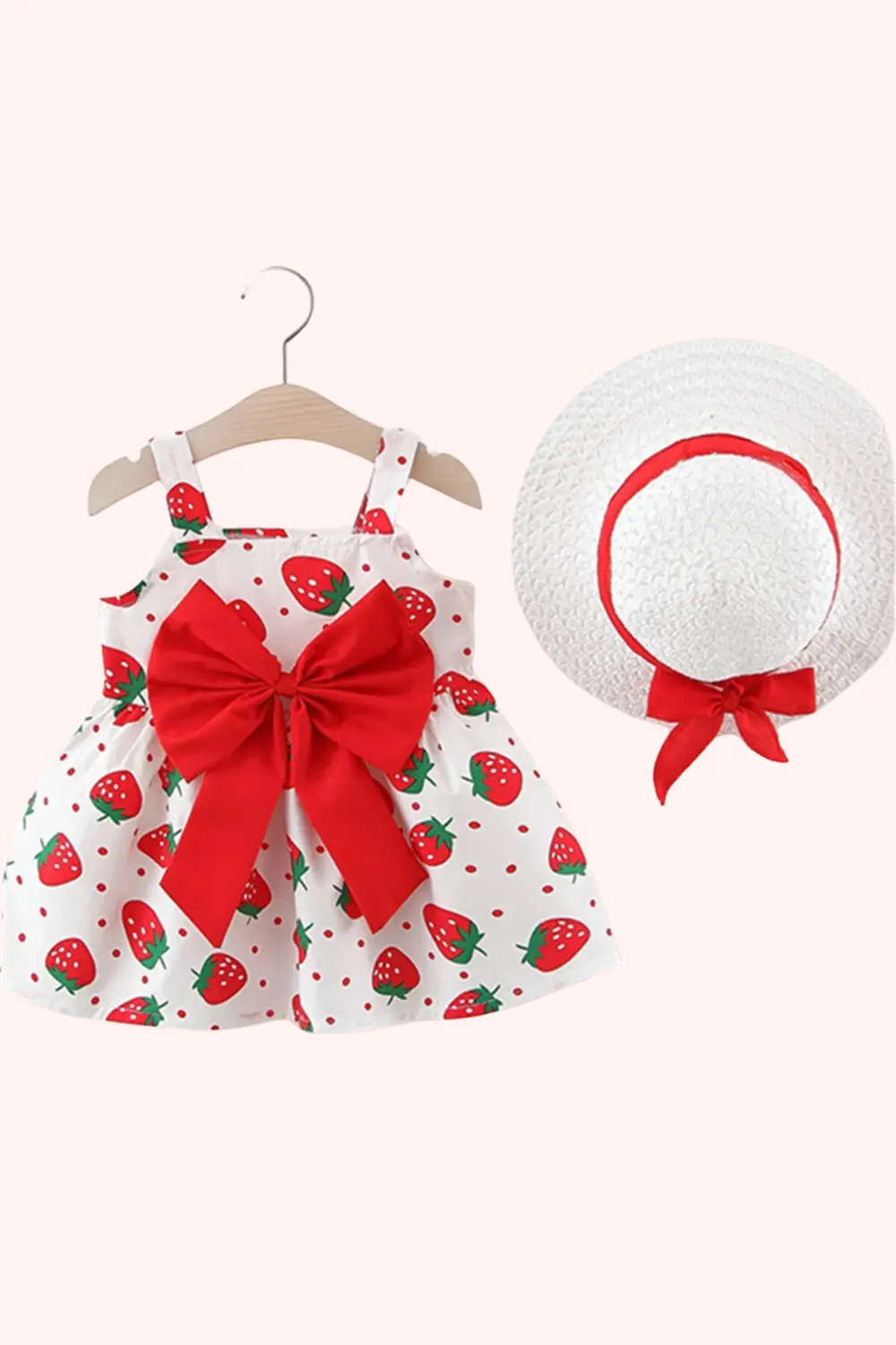 Babies Casual Dress Strawberry Print Chest Bow with hat