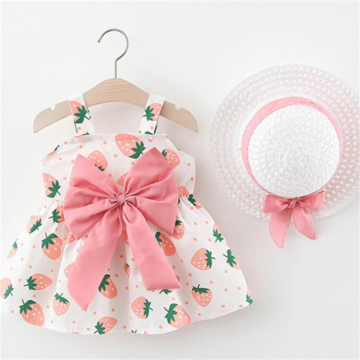 Babies Casual Dress Strawberry Print Chest Bow with hat