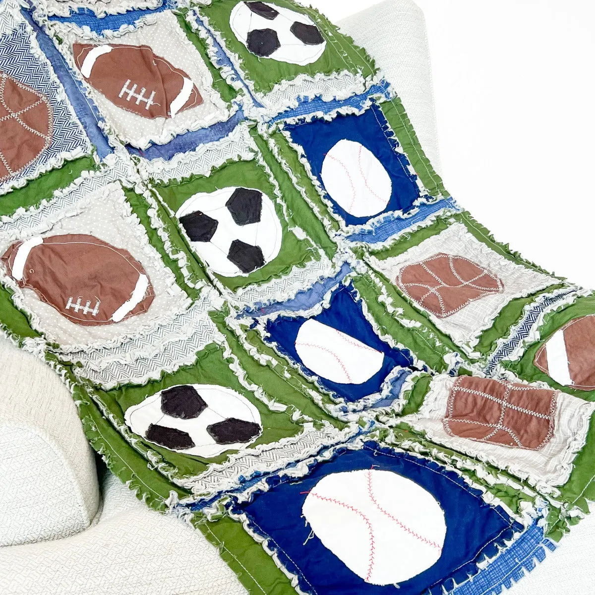 Baby Boy Sports Crib Bedding with Basketballs, Baseballs, and Footballs, Green Blue Gray