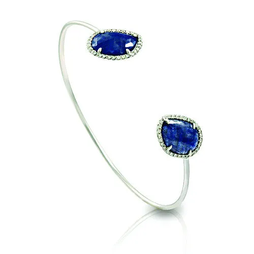 Bangle Cuff Bracelet With Slice Sapphire And 0.35ct Round Diamond,14k White Gold.