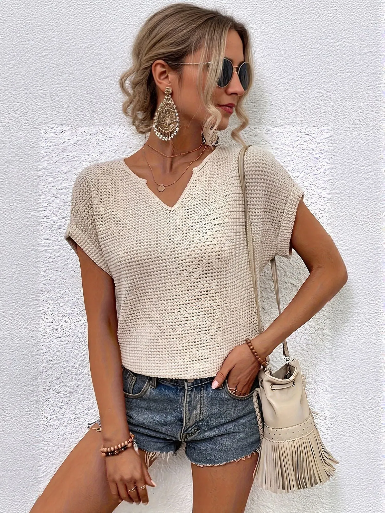 Beige Crochet Knit V-Neck Tee