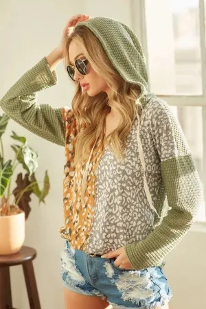 BiBi Popcorn Waffle Knit Hoodie with Print Block Front