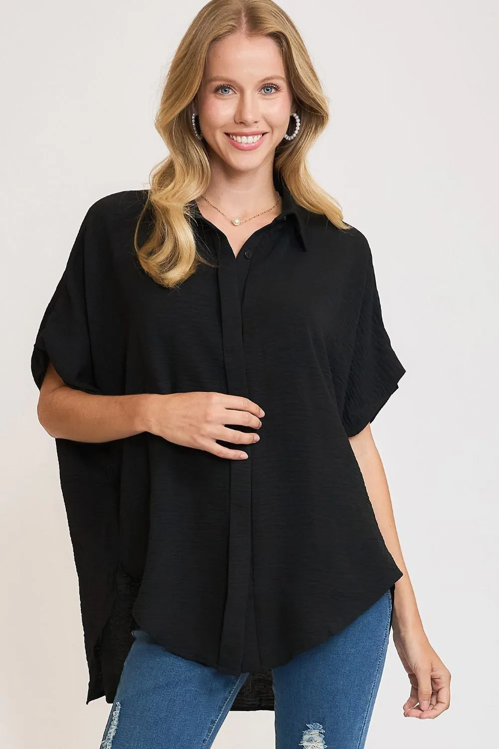 Black High-Low Button Up Short Sleeve Shirt