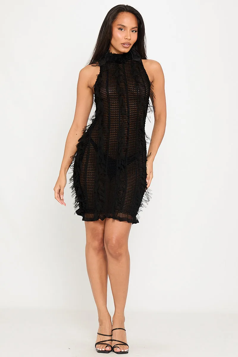 Black High-Neck Lace Mini Dress | Chic & Sultry | Effortless Glam