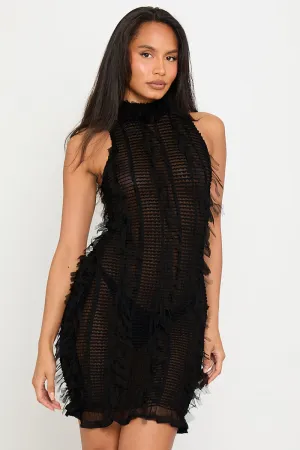 Black High-Neck Lace Mini Dress | Chic & Sultry | Effortless Glam