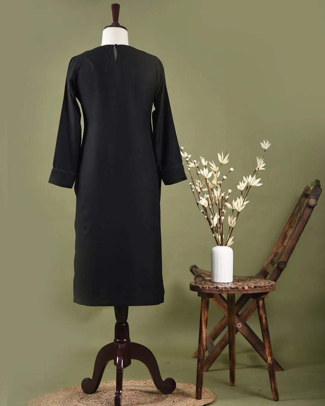 Black Winter Wear Wool Spun Blend Embroidered Ready To Wear Straight Kurta With Pant