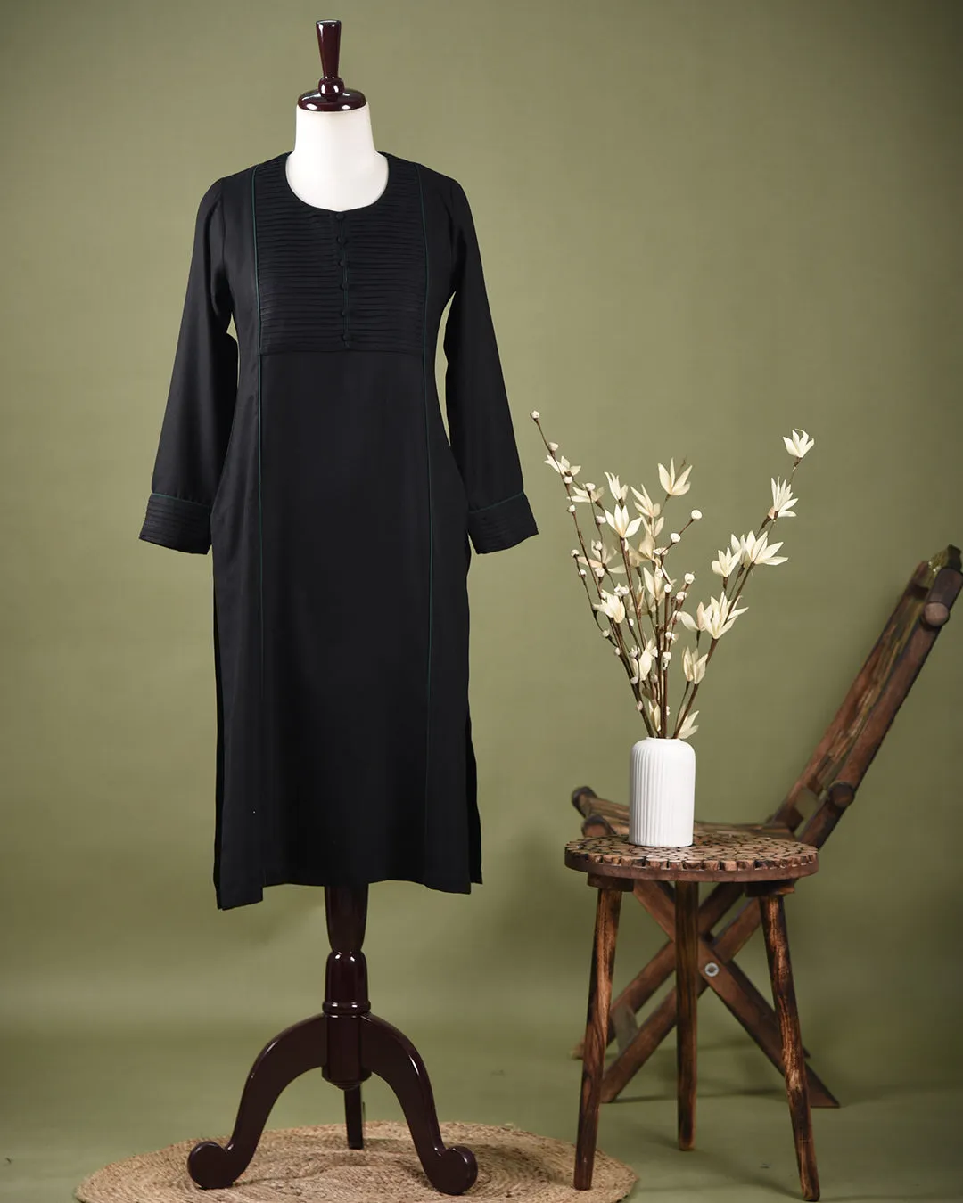 Black Winter Wear Wool Spun Blend Embroidered Ready To Wear Straight Kurta With Pant