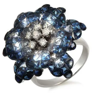 Blue Sapphire & Diamond Floral Design Ring, 18k White Gold