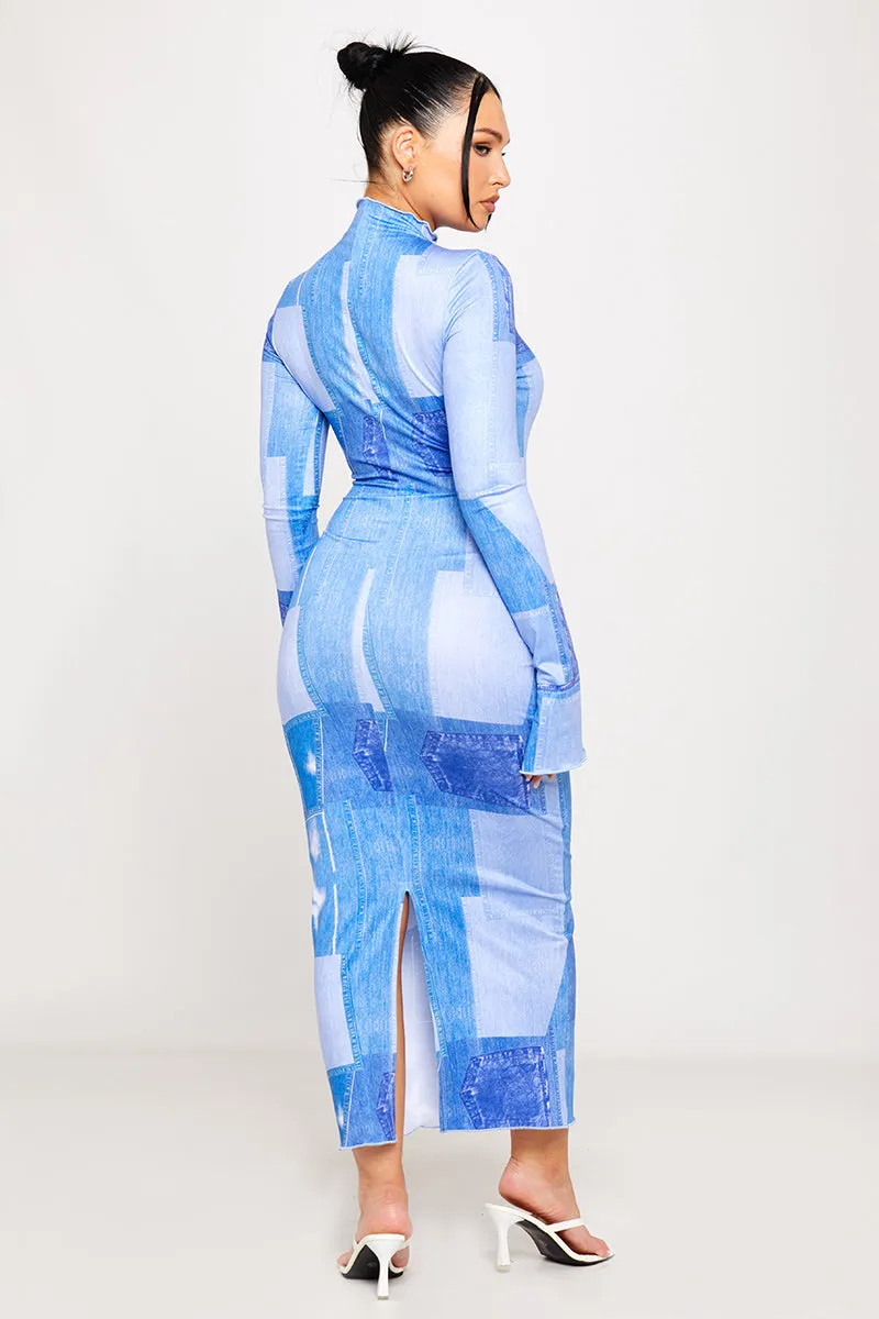 Blue Sheer Abstract Print Maxi Dress | Futuristic & Chic | Trendsetter Look