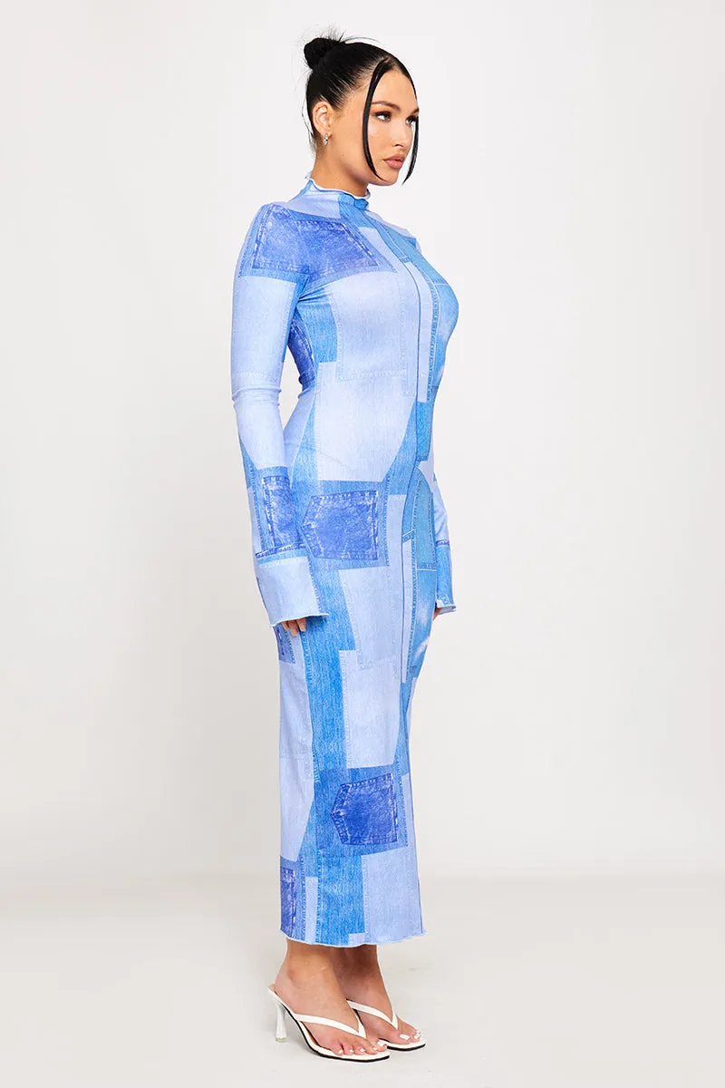 Blue Sheer Abstract Print Maxi Dress | Futuristic & Chic | Trendsetter Look