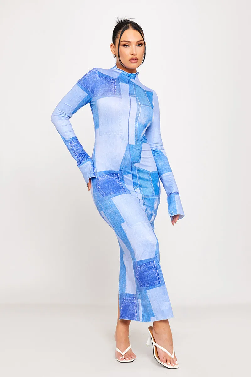 Blue Sheer Abstract Print Maxi Dress | Futuristic & Chic | Trendsetter Look