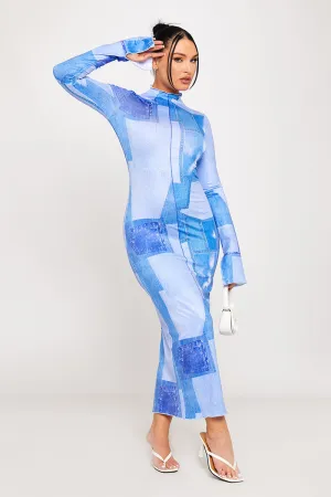 Blue Sheer Abstract Print Maxi Dress | Futuristic & Chic | Trendsetter Look