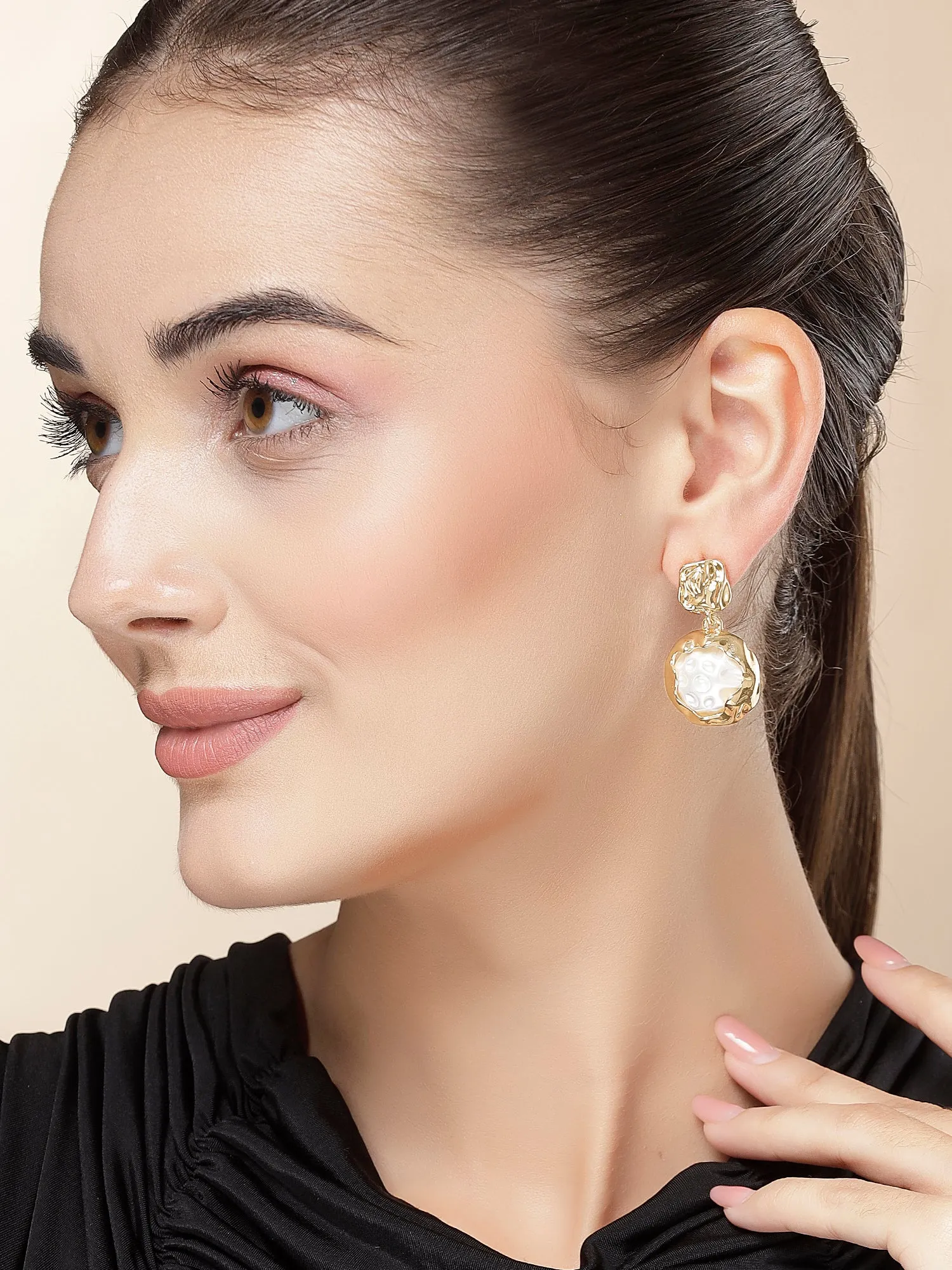 Bohey by KARATCART Gold Plated Hammered Finish Drop Earrings for Women
