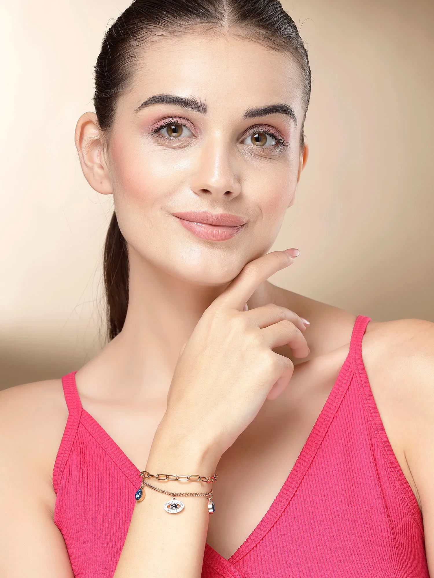 Bohey by KARATCART Rose Gold Plated Evil Eye Charm Chain Bracelet for Women