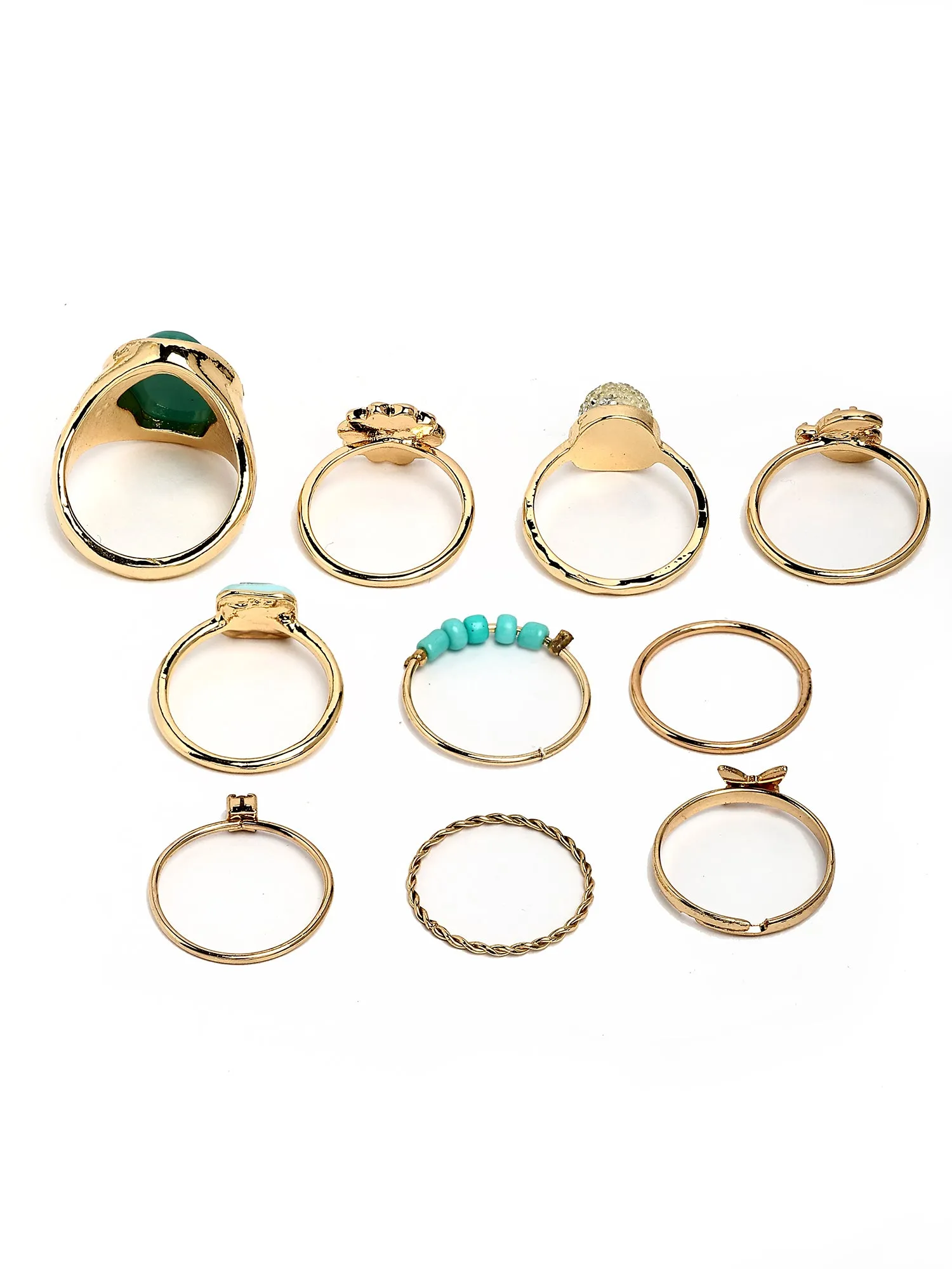 Bohey by KARATCART Set of 10 Gold-Plated Boho Midi Finger Rings for Women