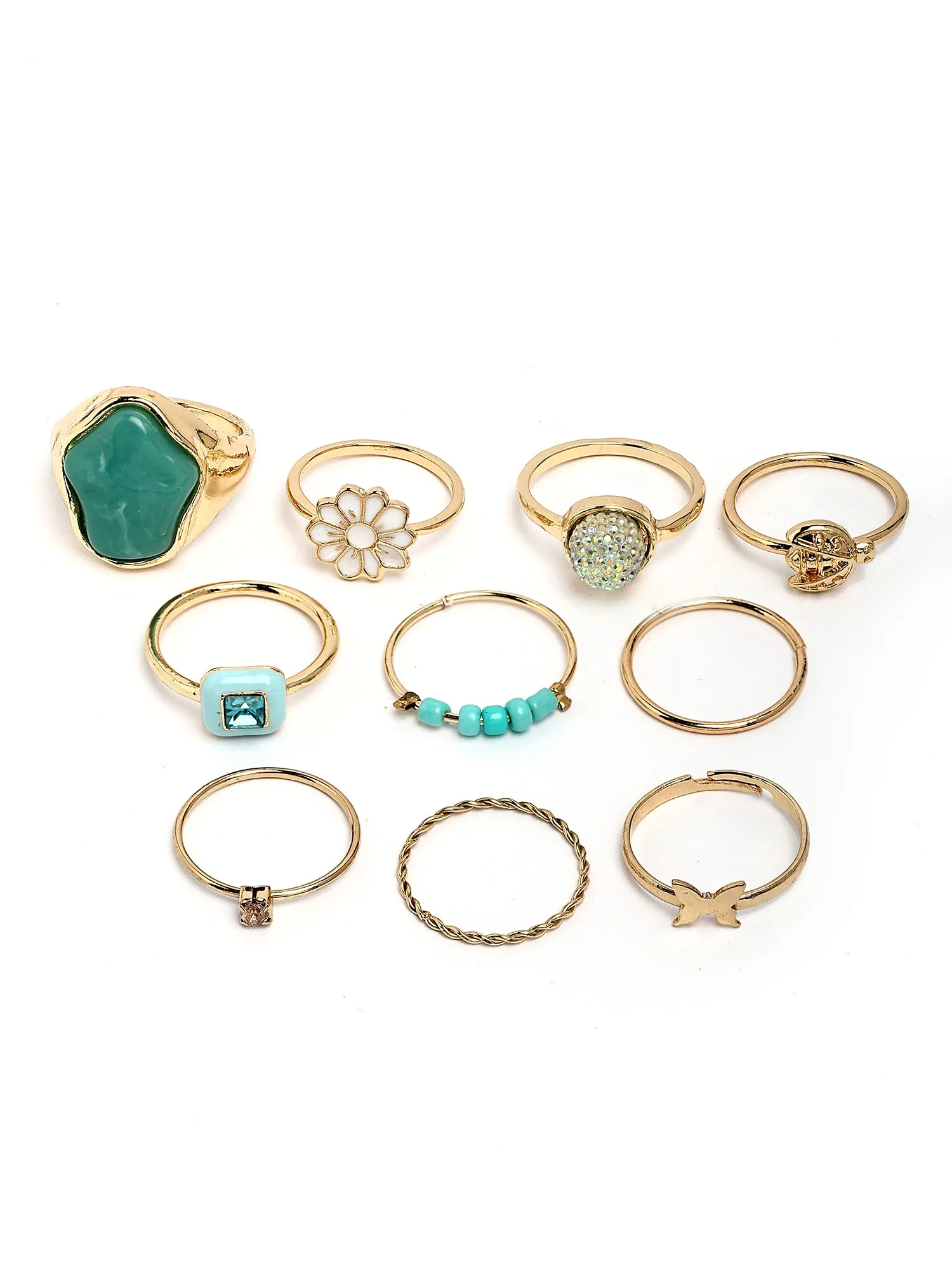 Bohey by KARATCART Set of 10 Gold-Plated Boho Midi Finger Rings for Women