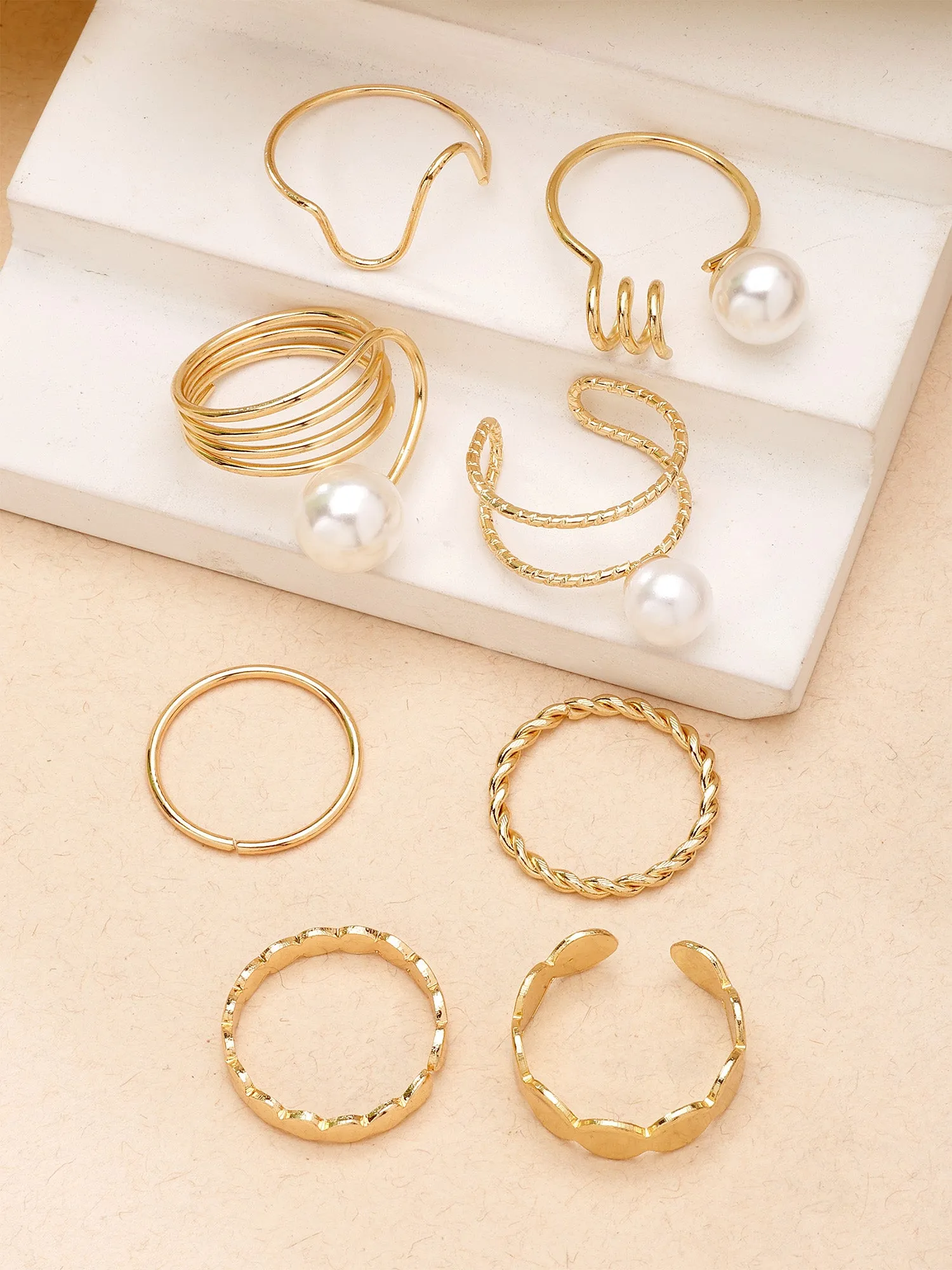 Bohey by KARATCART Set of 8 Gold-Plated Boho Midi Finger Rings for Women