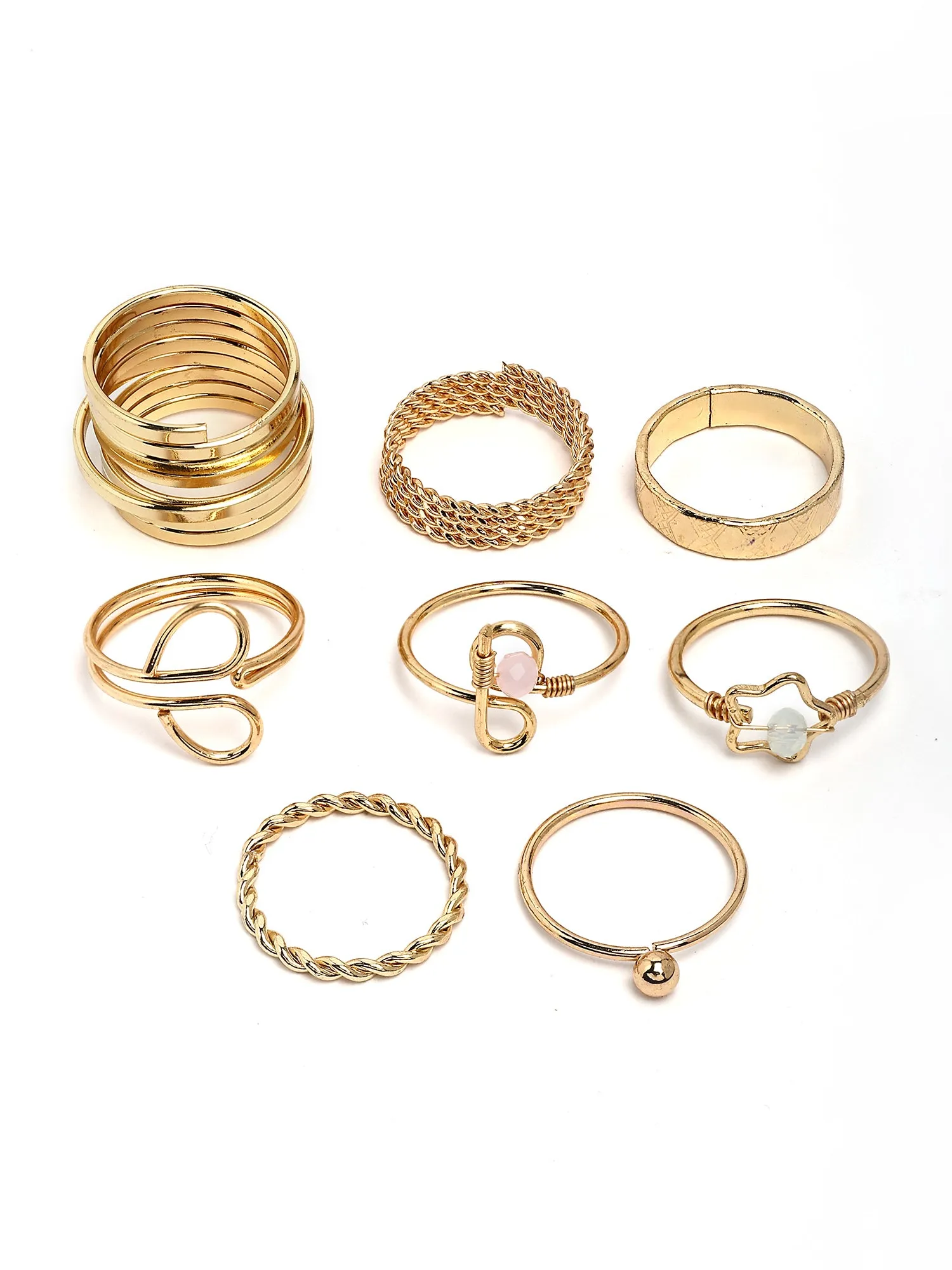 Bohey by KARATCART Set of 8 Gold-Plated Boho Midi Finger Rings for Women