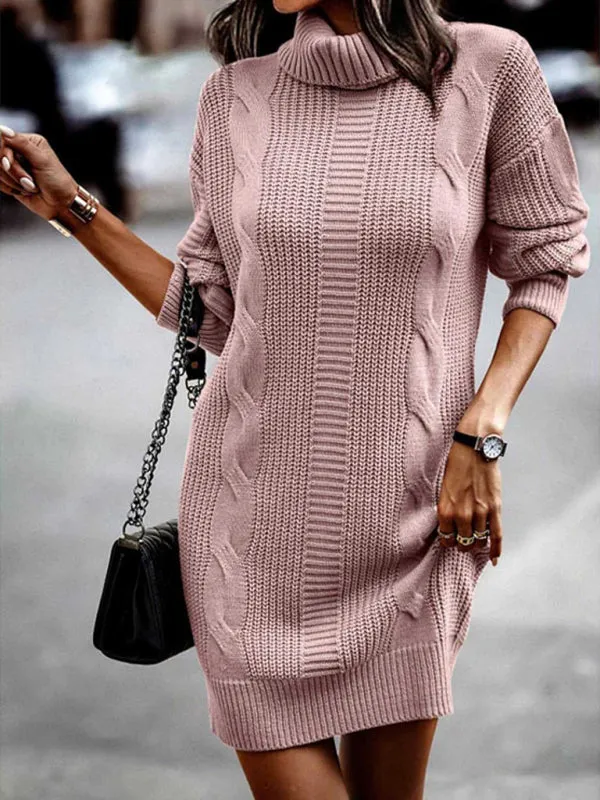 Cable Knit Turtleneck Sweater Dress with Long Sleeves