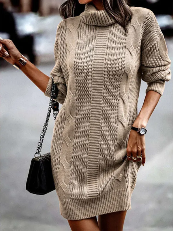 Cable Knit Turtleneck Sweater Dress with Long Sleeves