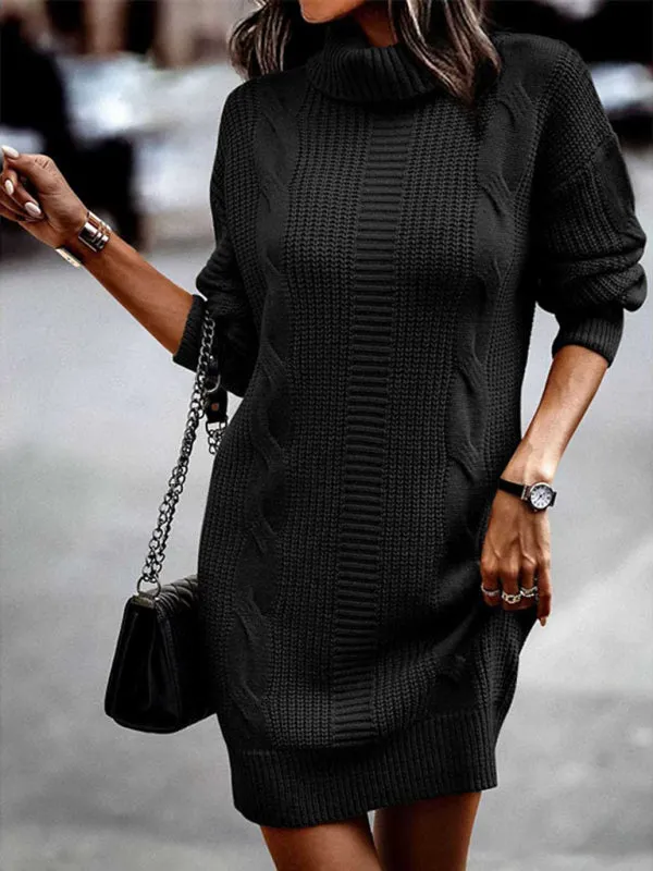 Cable Knit Turtleneck Sweater Dress with Long Sleeves
