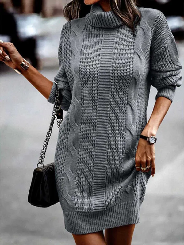 Cable Knit Turtleneck Sweater Dress with Long Sleeves