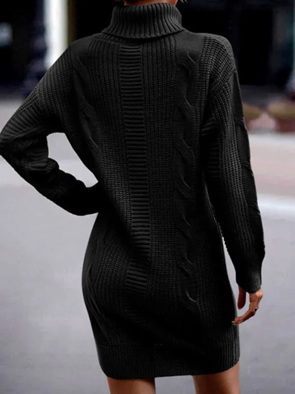 Cable Knit Turtleneck Sweater Dress with Long Sleeves