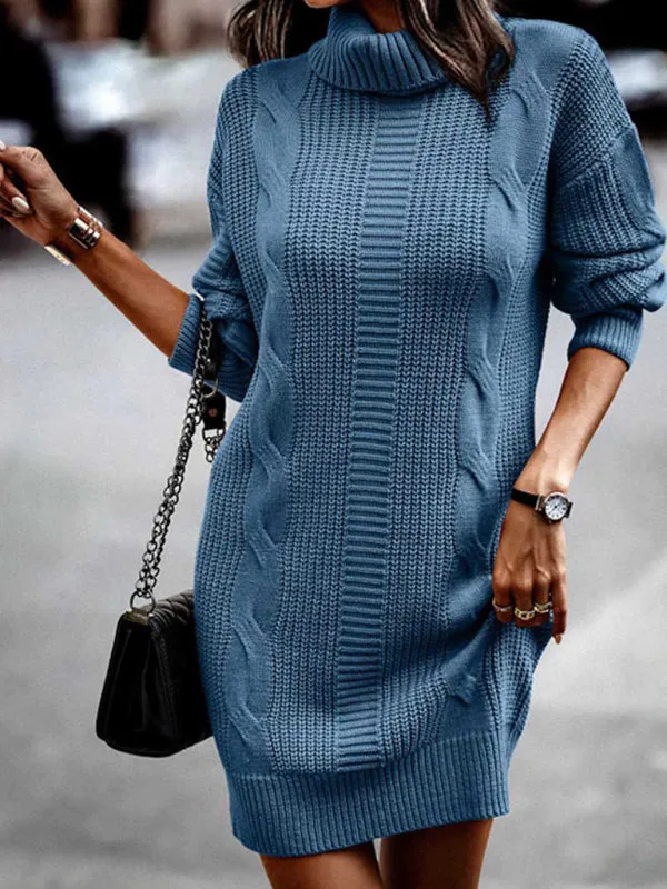Cable Knit Turtleneck Sweater Dress with Long Sleeves