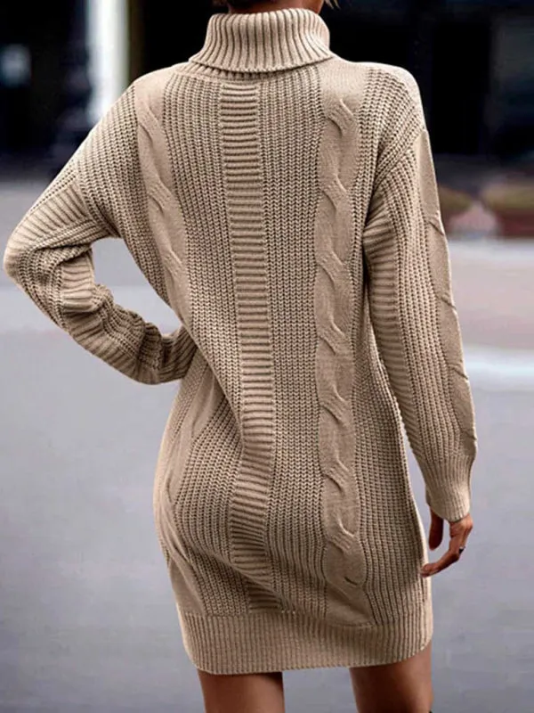 Cable Knit Turtleneck Sweater Dress with Long Sleeves