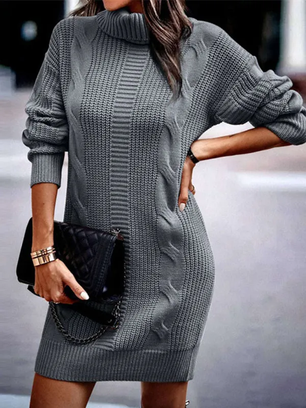 Cable Knit Turtleneck Sweater Dress with Long Sleeves