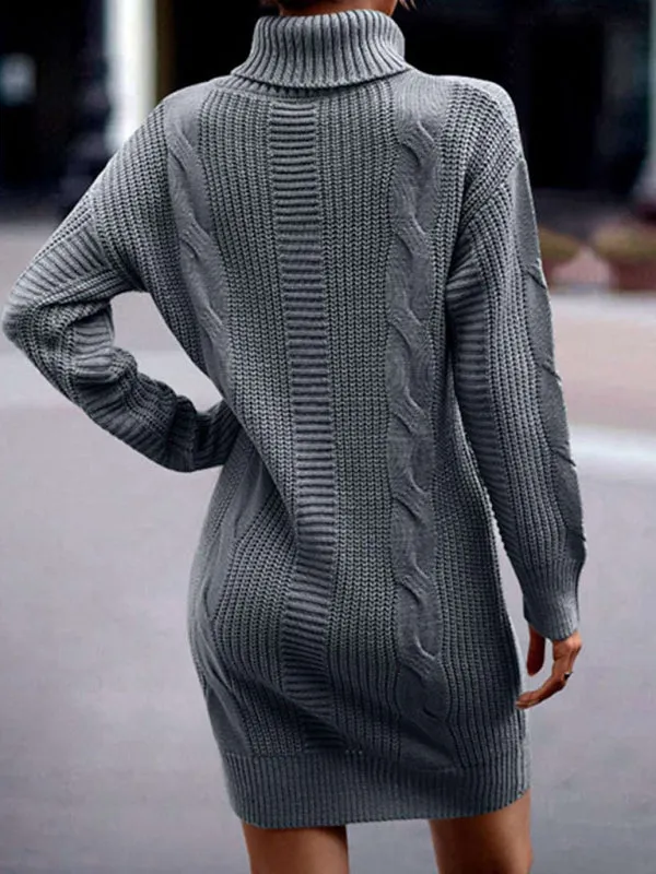 Cable Knit Turtleneck Sweater Dress with Long Sleeves