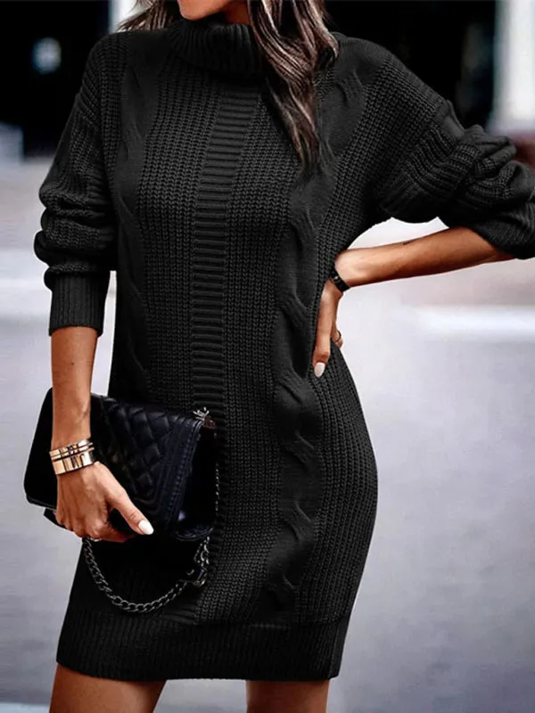 Cable Knit Turtleneck Sweater Dress with Long Sleeves