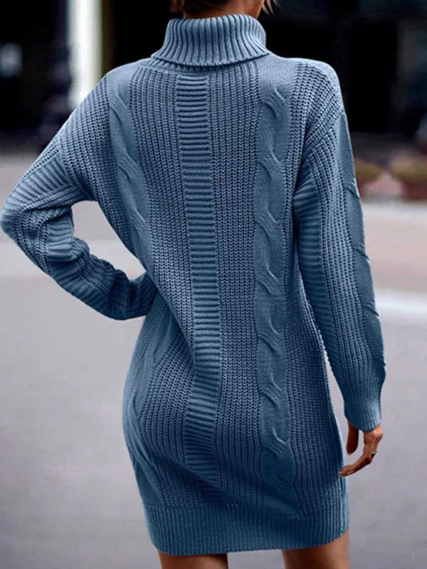 Cable Knit Turtleneck Sweater Dress with Long Sleeves