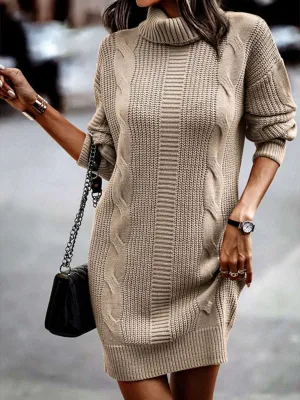 Cable Knit Turtleneck Sweater Dress with Long Sleeves