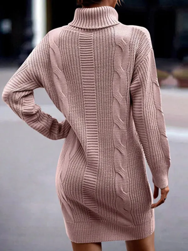 Cable Knit Turtleneck Sweater Dress with Long Sleeves