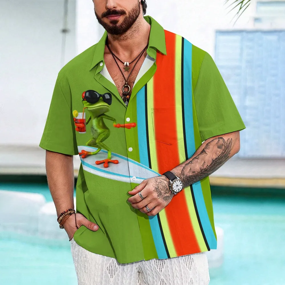 Cartoon Surf Frog Print Casual Short Sleeve Shirt 2405001042