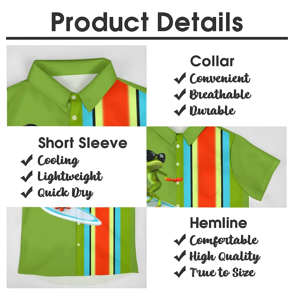 Cartoon Surf Frog Print Casual Short Sleeve Shirt 2405001042