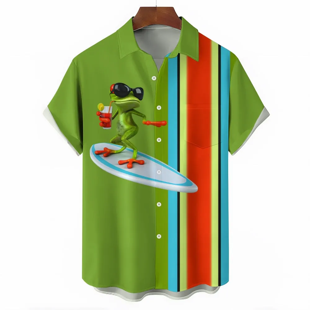 Cartoon Surf Frog Print Casual Short Sleeve Shirt 2405001042