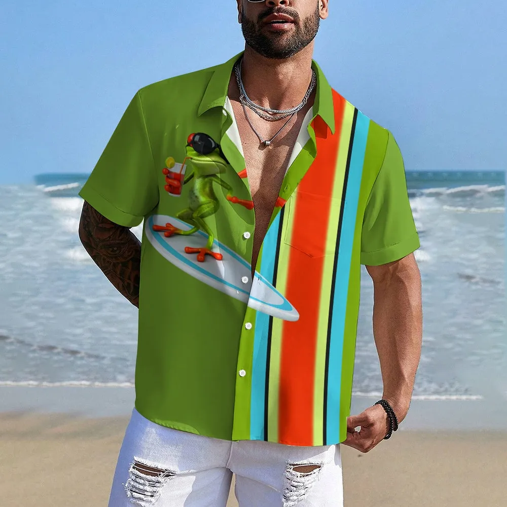 Cartoon Surf Frog Print Casual Short Sleeve Shirt 2405001042