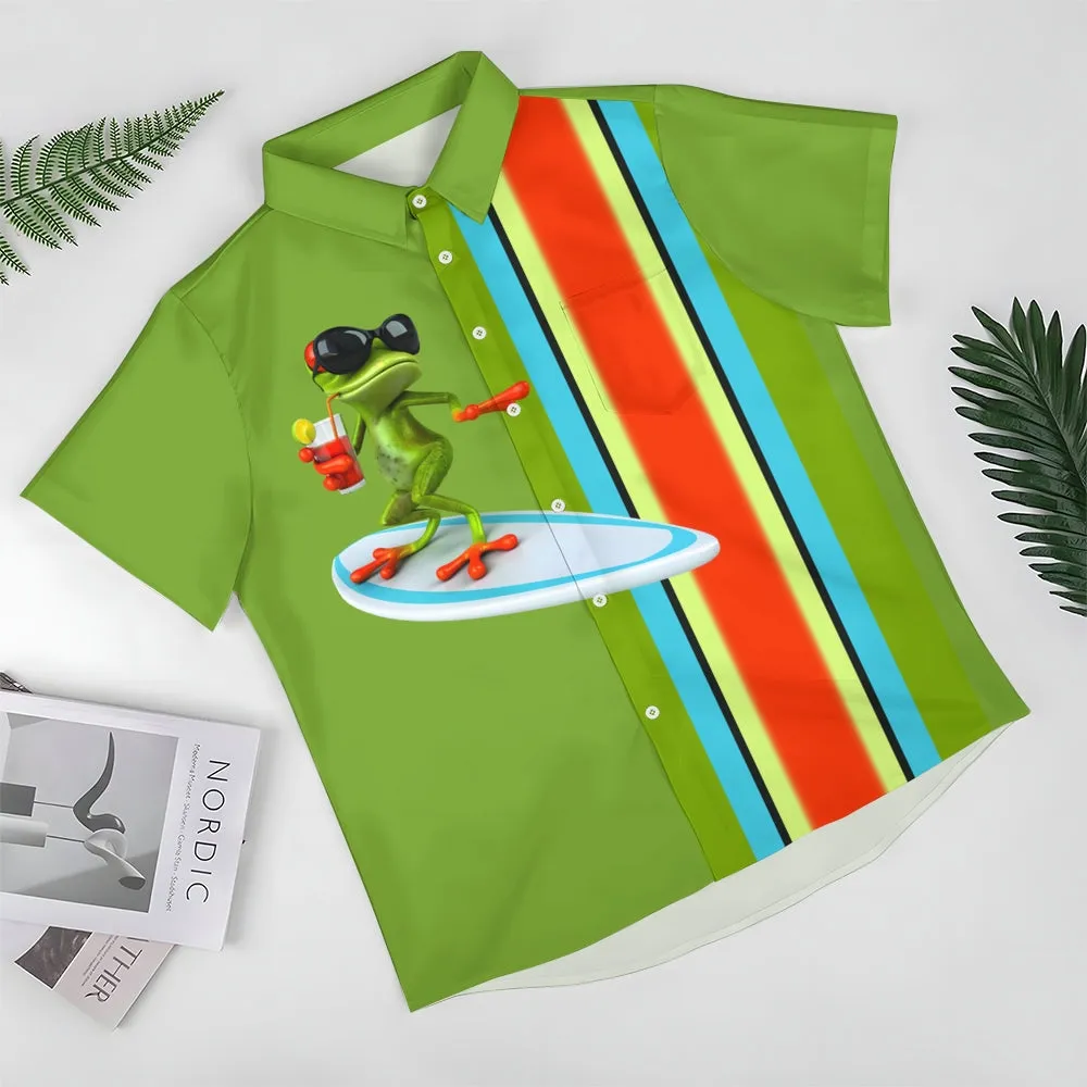 Cartoon Surf Frog Print Casual Short Sleeve Shirt 2405001042