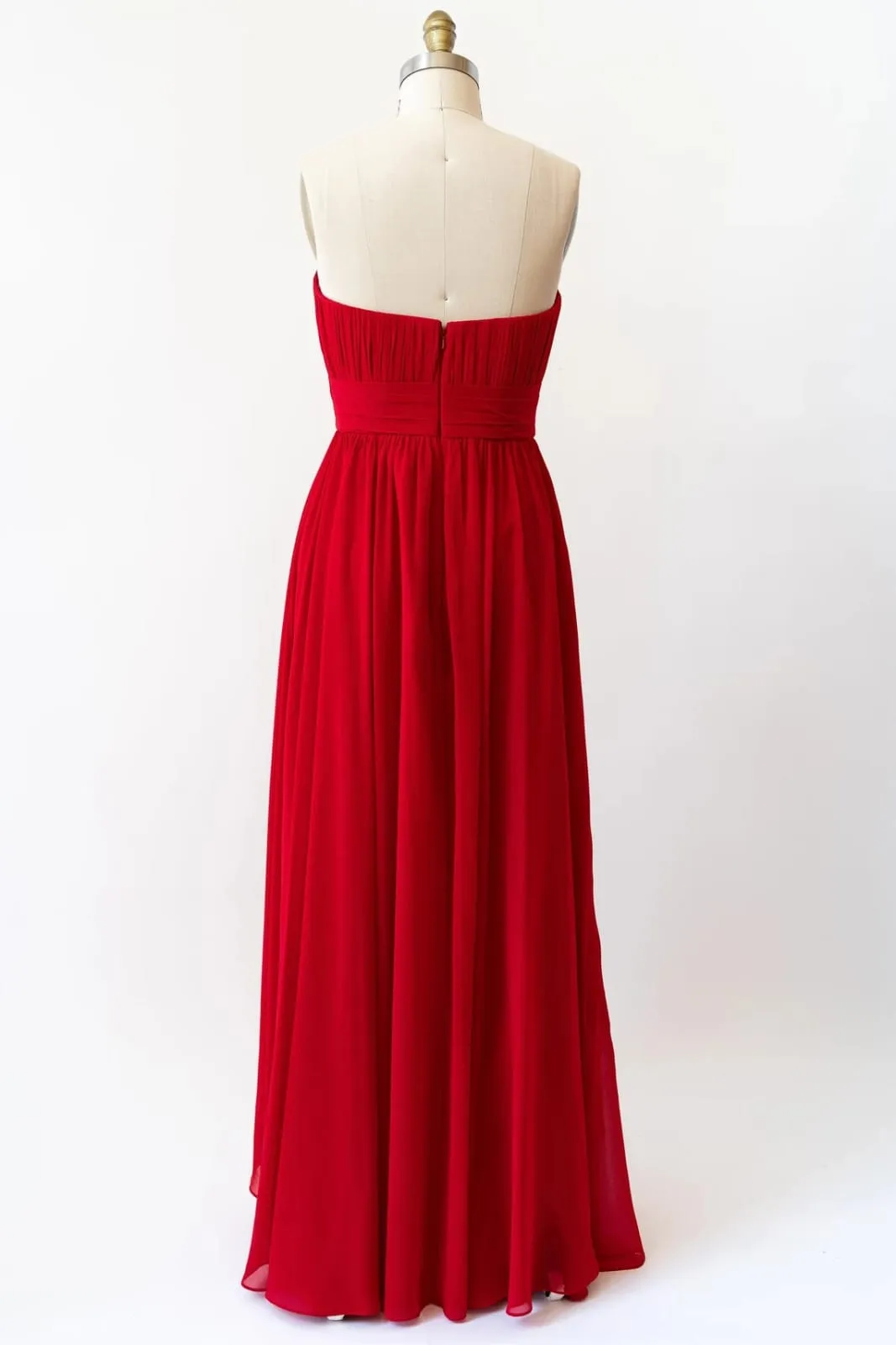 Cascade Skirt Red Chiffon Long Strapless Bridesmaid Dress