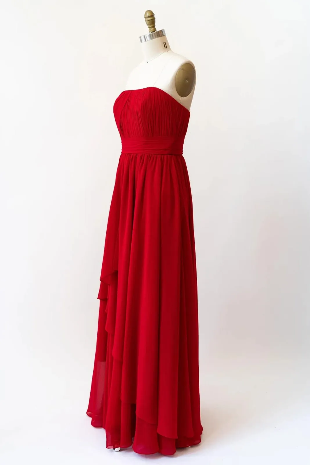 Cascade Skirt Red Chiffon Long Strapless Bridesmaid Dress