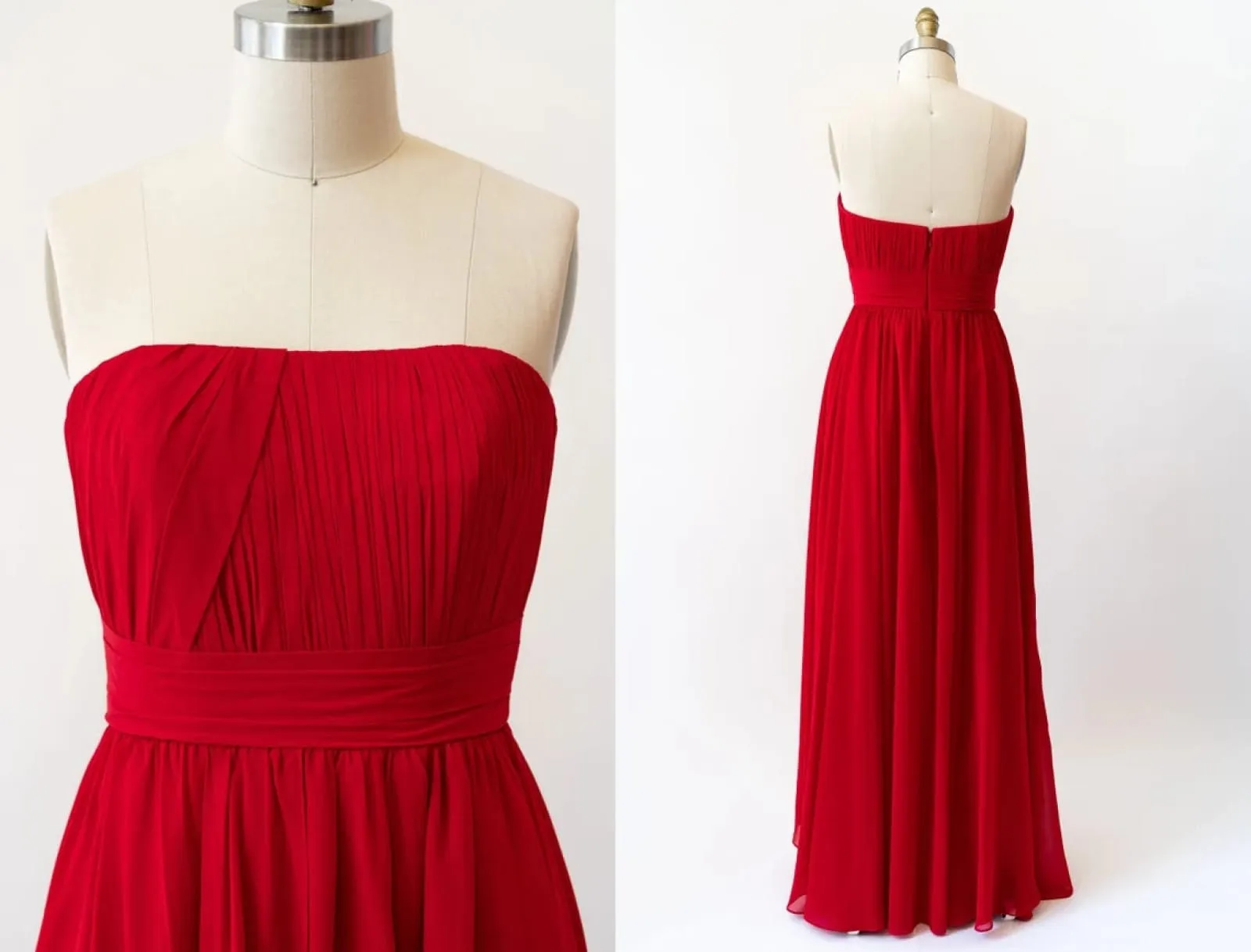 Cascade Skirt Red Chiffon Long Strapless Bridesmaid Dress