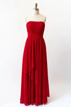 Cascade Skirt Red Chiffon Long Strapless Bridesmaid Dress