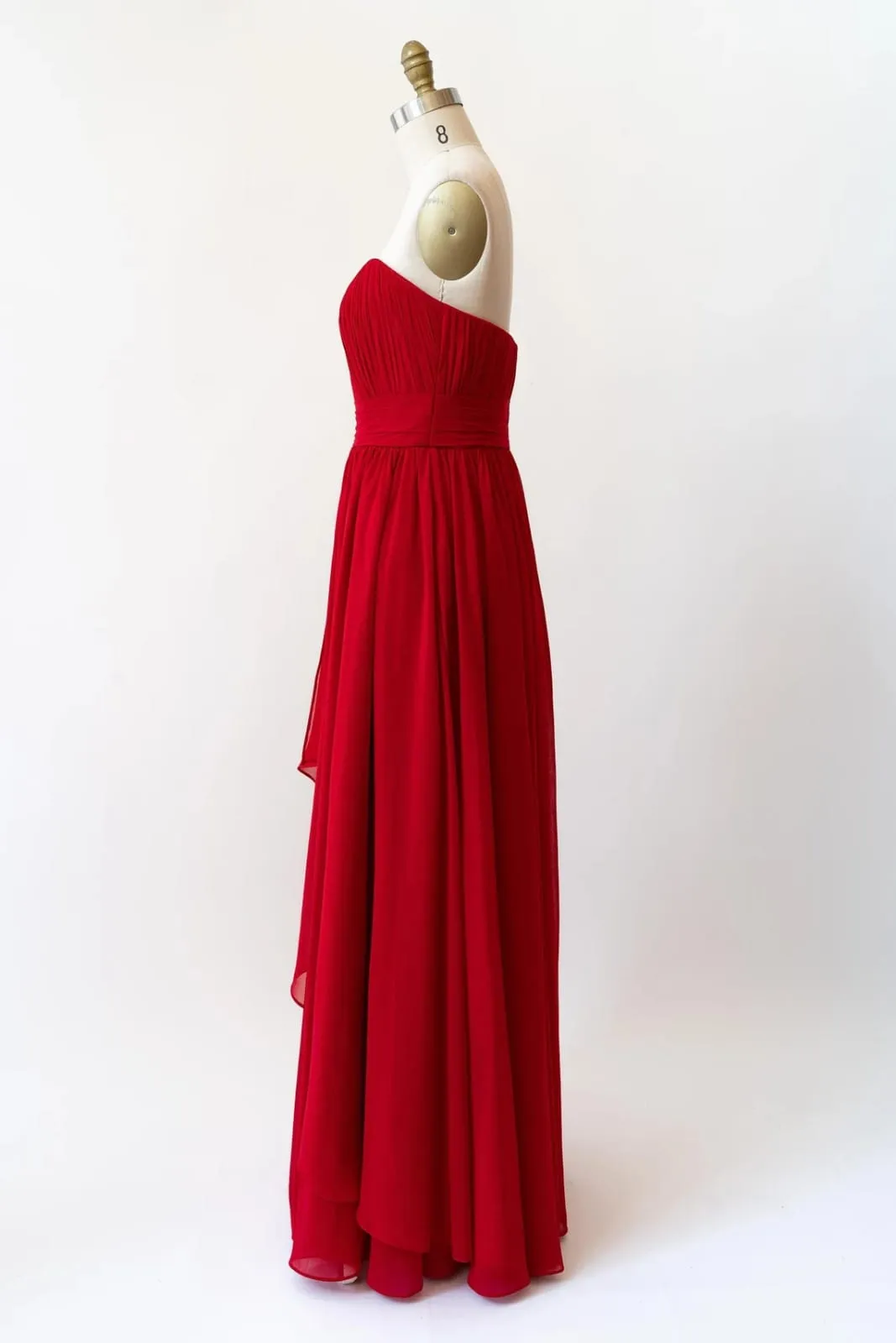 Cascade Skirt Red Chiffon Long Strapless Bridesmaid Dress