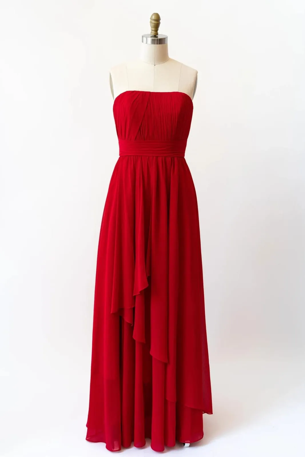Cascade Skirt Red Chiffon Long Strapless Bridesmaid Dress